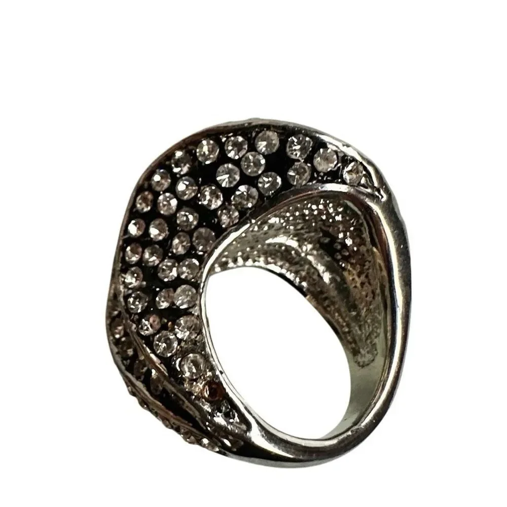 Silver-Tone Rhinestone Wave Statement Ring